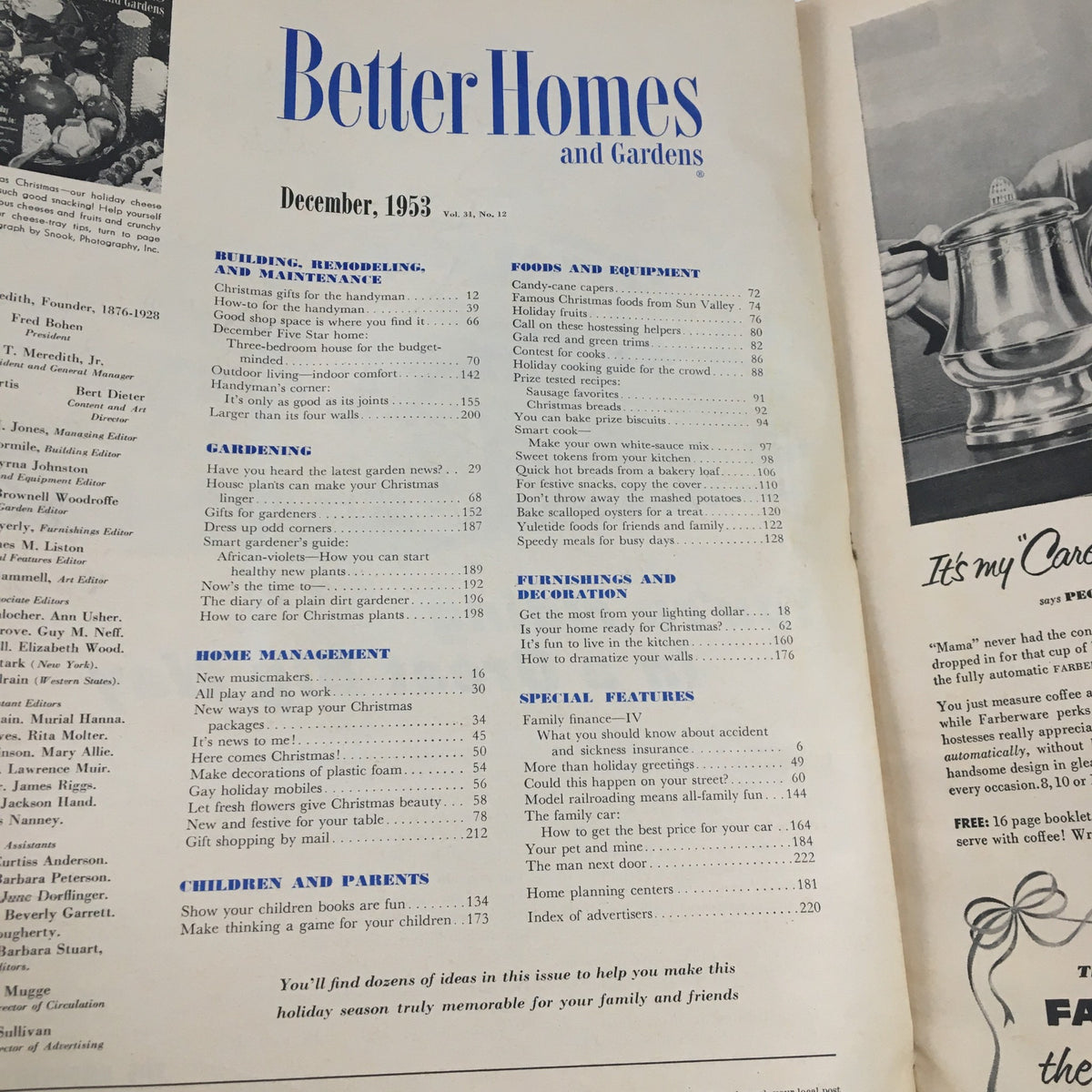 Table of contents from Better Homes & Gardens December 1953, listing articles on home maintenance, gardening, and holiday preparations.
