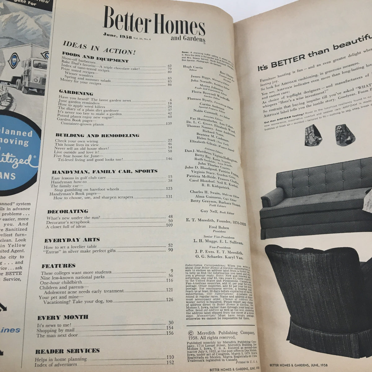 Inside page of the Better Homes & Gardens June 1958 magazine displaying the Table of Contents, showcasing various articles on gardening, DIY, and family activities, relating to baking and cooking with the feature 'Bake Dad's Favorite A Triple Chocolate Cake'.