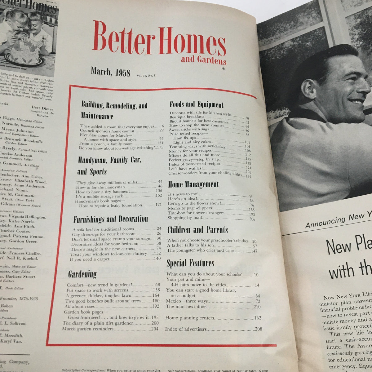 Interior page of Better Homes & Gardens March 1958 displaying the table of contents with various sections including culinary tips and features, emphasizing the magazine's focus on cooking and home management.