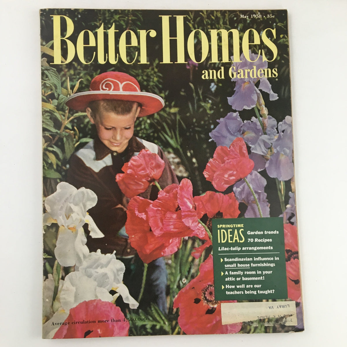 Better Homes & Gardens May 1958 Cover featuring a boy in a red hat surrounded by vibrant flowers, including red Oriental poppies, highlighting mid-century design and gardening trends.