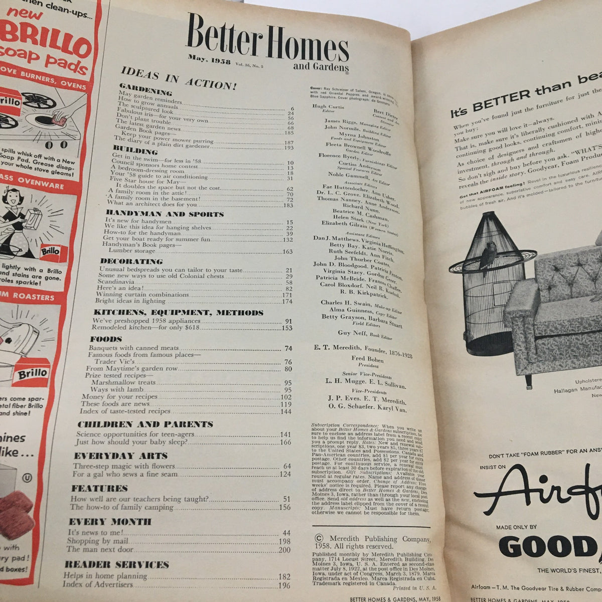 Interior page of Better Homes & Gardens May 1958 featuring the Table of Contents. This vintage magazine showcases home and garden ideas from the 1950s, emphasizing various topics such as gardening, decorating, and family features.
