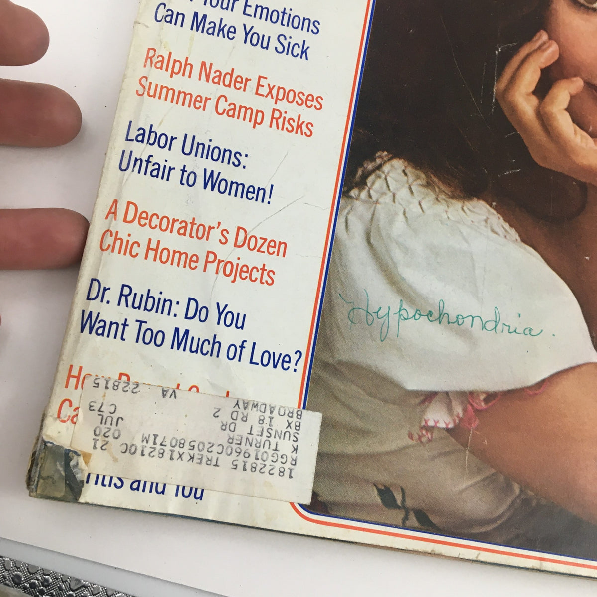 Back cover of Ladies' Home Journal Magazine March 1972 with articles listed and a handwritten note 'Hypochondria' on it, featuring topics related to health and lifestyle.