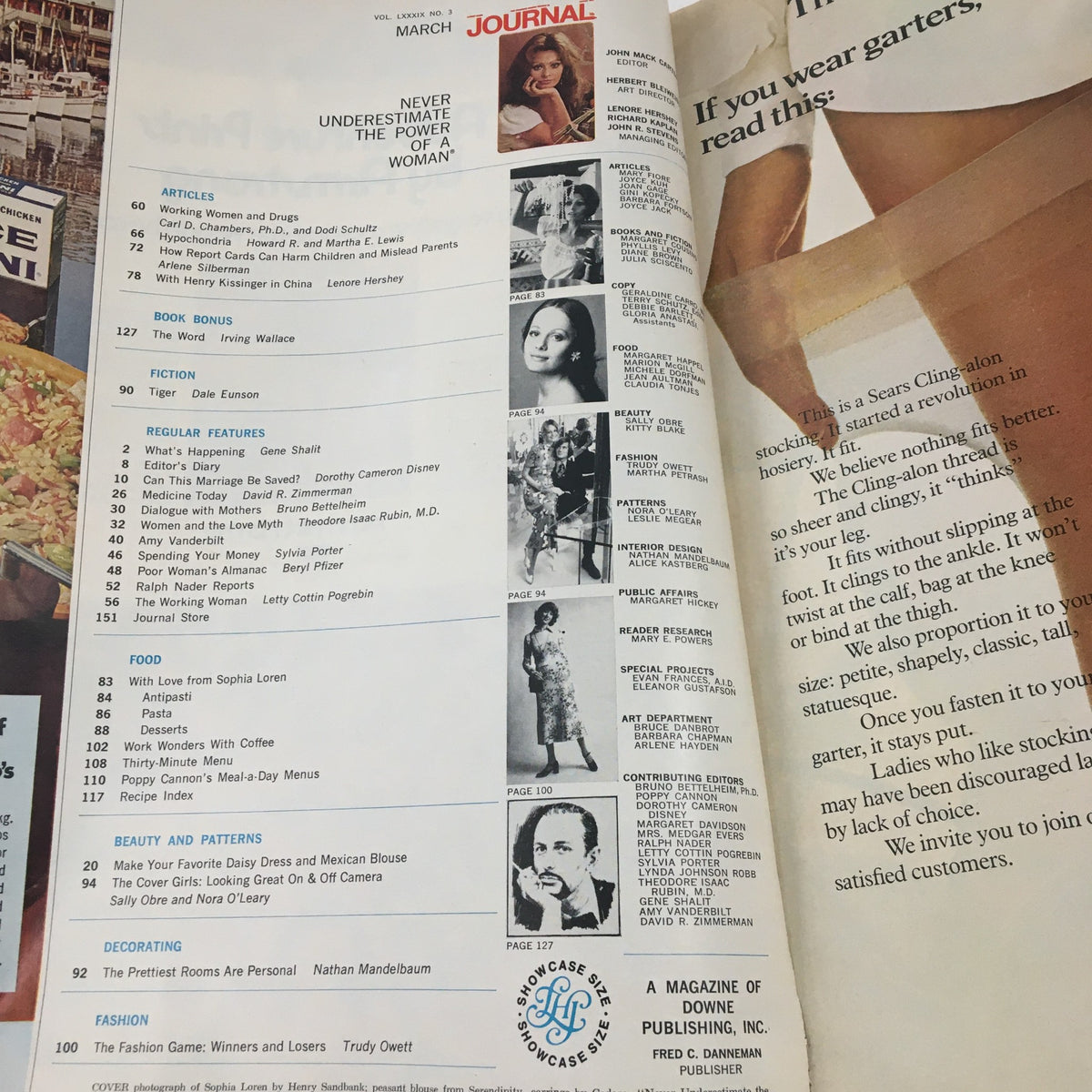 Interior page of Ladies' Home Journal Magazine March 1972 displaying contents, including food section with a feature on recipes from Sophia Loren's New Italian Cookbook.