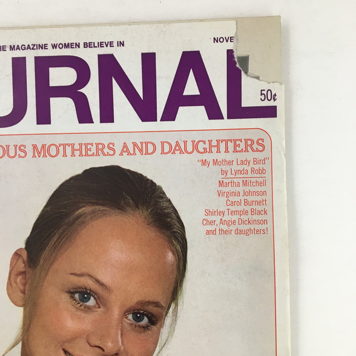 Partial view of the Ladies' Home Journal Magazine November 1970 cover highlighting articles about famous mothers and daughters with Margareta featured.