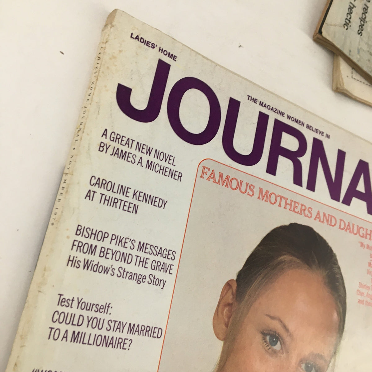 Close-up of the Ladies' Home Journal Magazine November 1970 cover detailing articles and features including discussions on Caroline Kennedy and famous mothers.