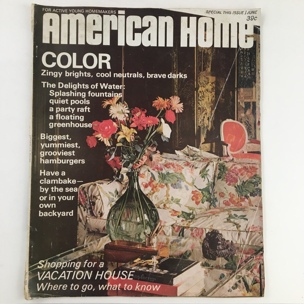 Cover of American Home Magazine June 1968 titled 'The Delights of Water Fountains', featuring a vibrant floral arrangement and interior decor themes.