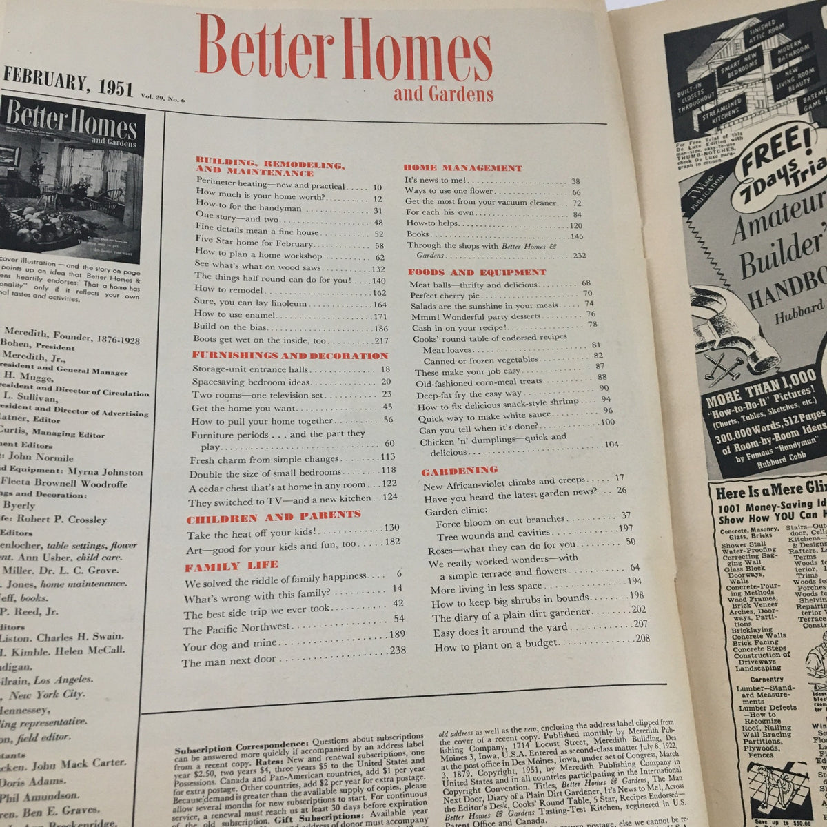 Table of contents page from Better Homes & Gardens February 1951 magazine highlighting various home improvement topics.