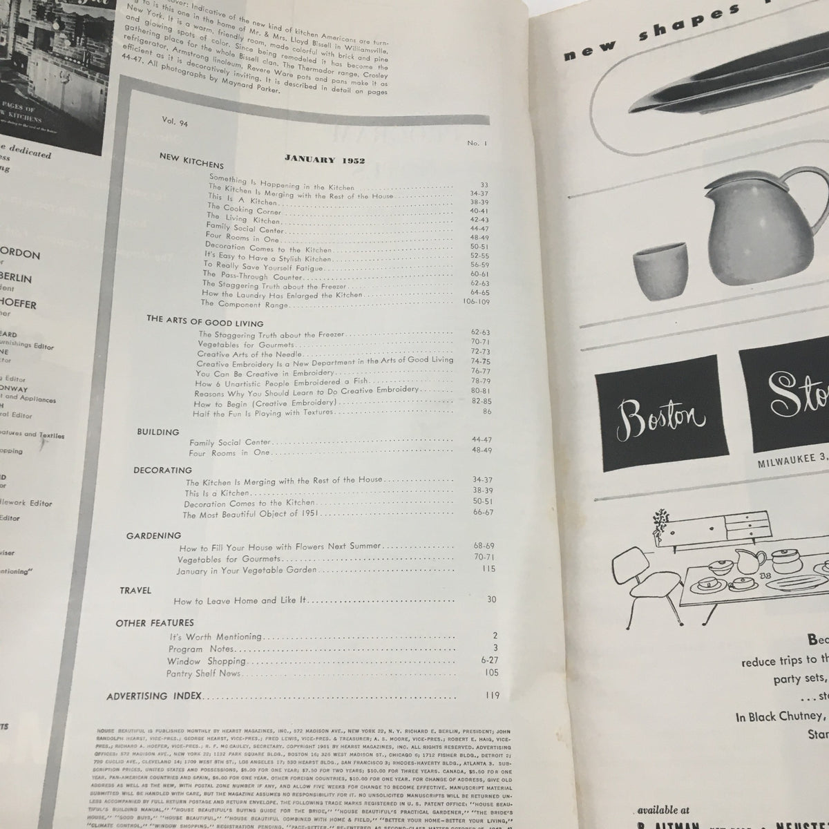 Table of contents from House Beautiful Magazine January 1952 detailing various topics including kitchen design, gardening, and home decor, highlighting the culture of the early 1950s.