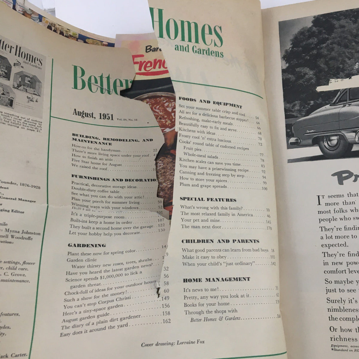 Inside page of Better Homes & Gardens August 1951 magazine featuring the table of contents, highlighting various home improvement and gardening topics.