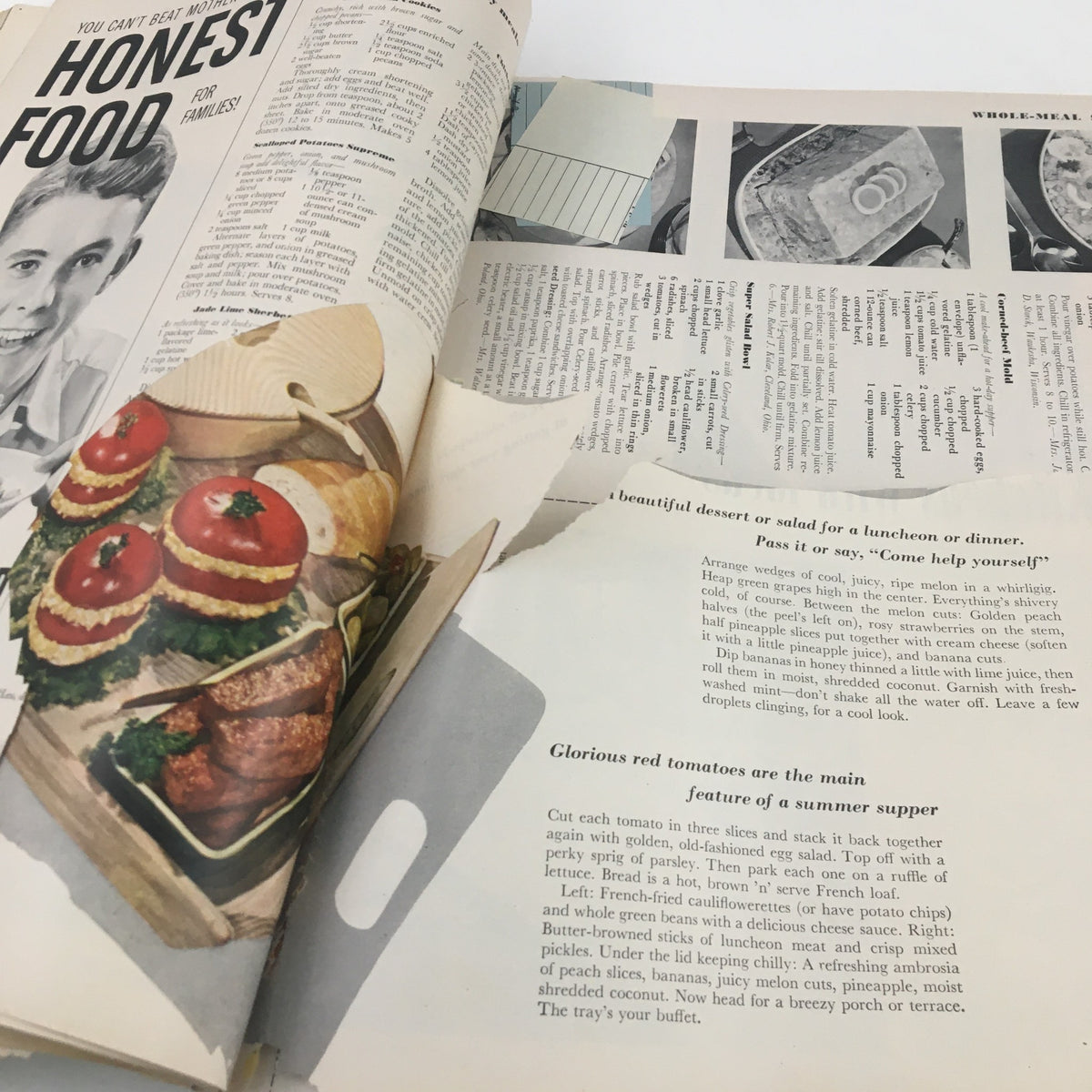 Interior page of Better Homes & Gardens August 1951 magazine featuring food recipes and tips for summer meals with illustrated images.