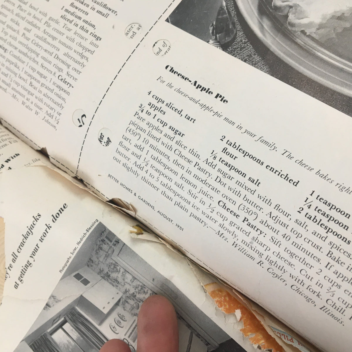 Close-up of a recipe page from Better Homes & Gardens August 1951, showcasing a recipe for Cheese-Apple Pie, emphasizing mid-century culinary design.