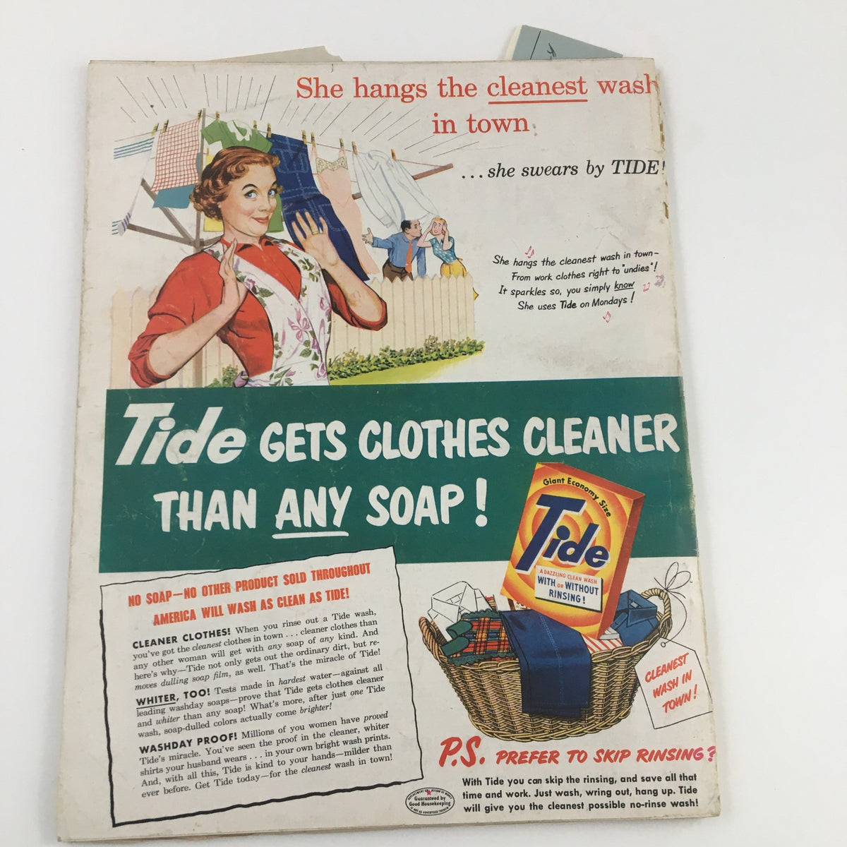 Cover of Better Homes & Gardens August 1951 with an advertisement for Tide detergent, displaying a woman hanging laundry, illustrating vintage household products.