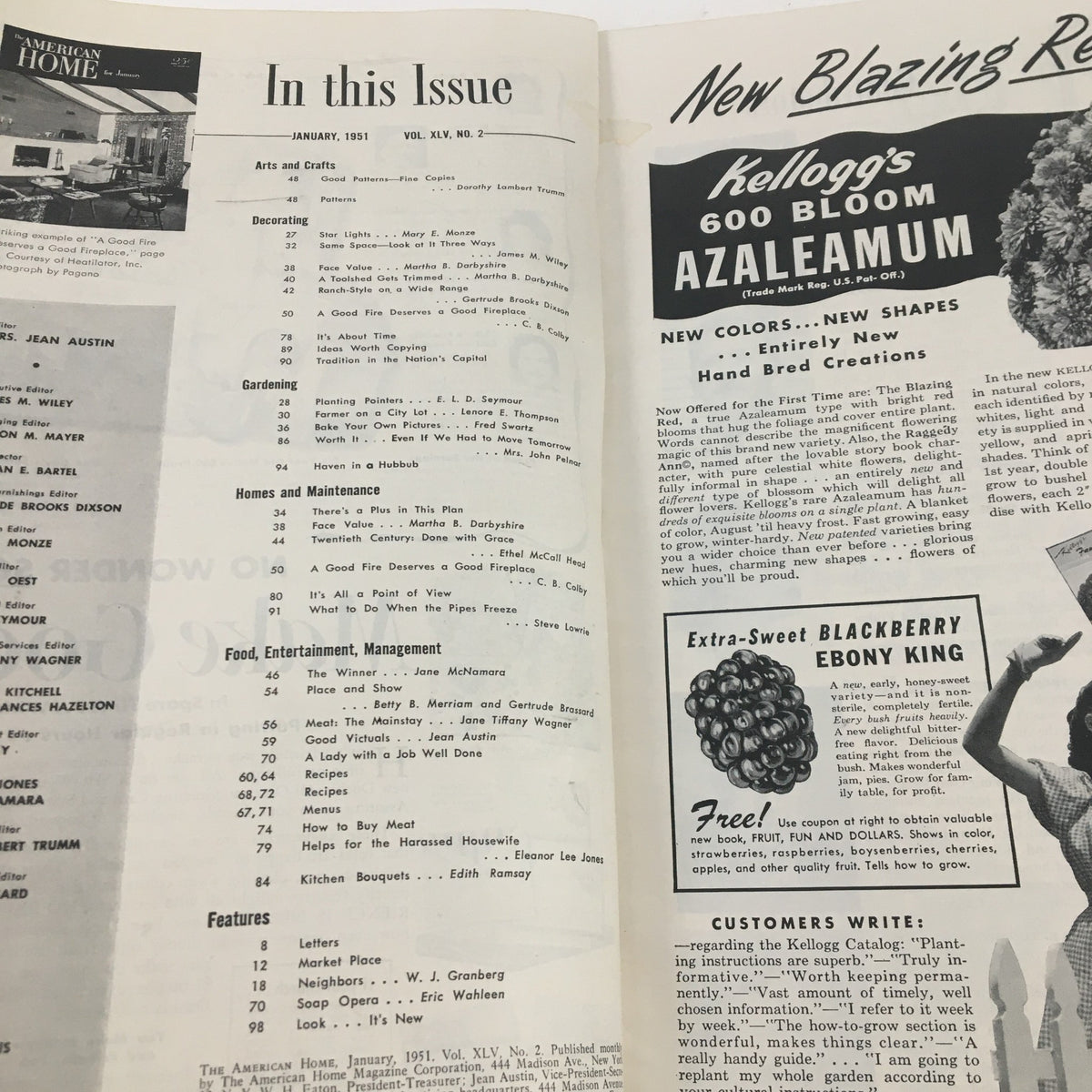 Table of contents page from American Home Magazine January 1951, highlighting articles on home decor, gardening, and entertainment.