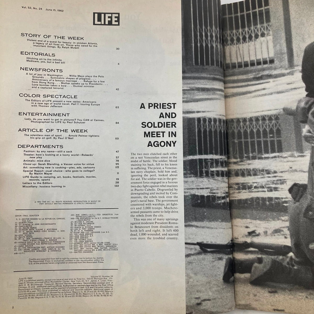 Interior page of VTG Life Magazine June 15 1962, Volume 52, Number 24, displaying the table of contents and articles including notable features and highlights of the magazine.