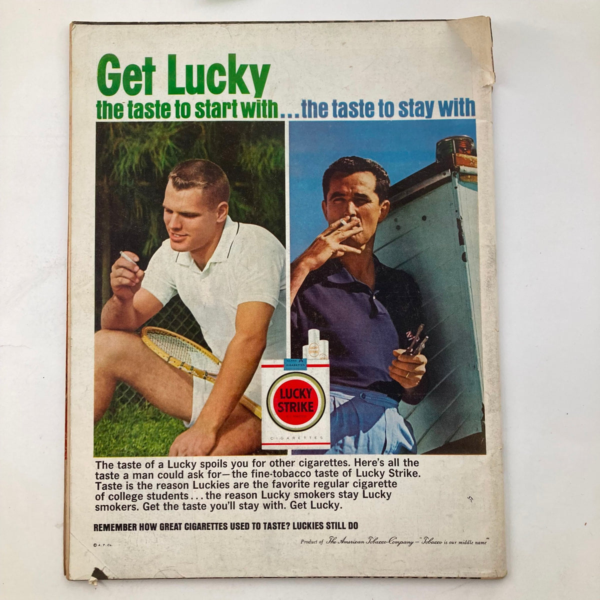 Advertisement page in VTG Life Magazine June 1 1962 promoting Lucky Strike cigarettes, featuring two young men, reflecting vintage marketing styles.
