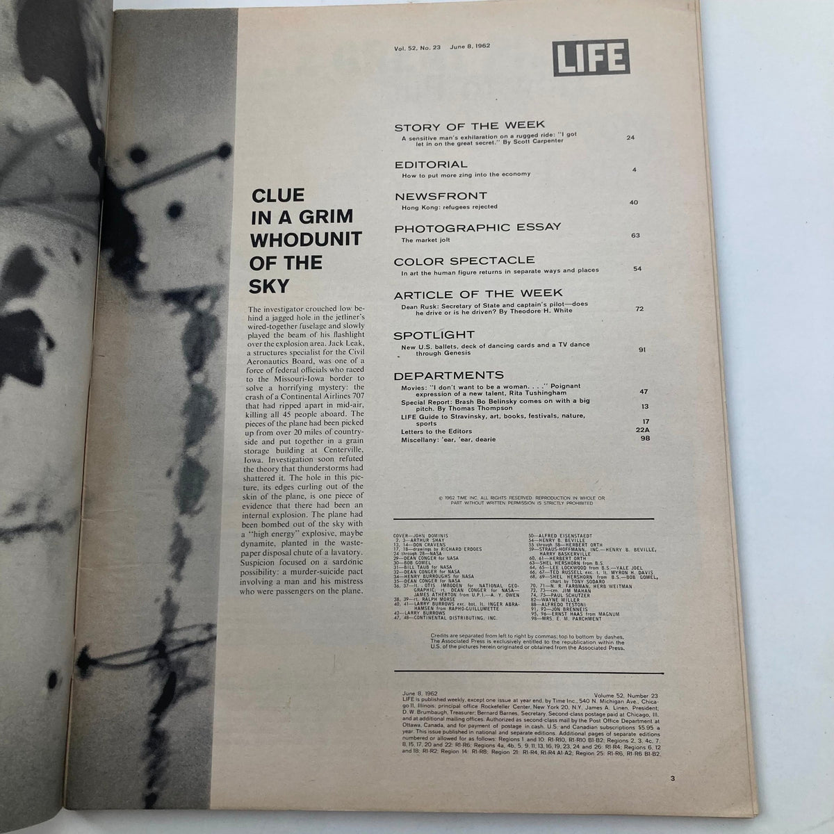 Inside page of the Vintage Life Magazine June 8 1962 highlighting the contents including the story of the week by Scott Carpenter and various articles.