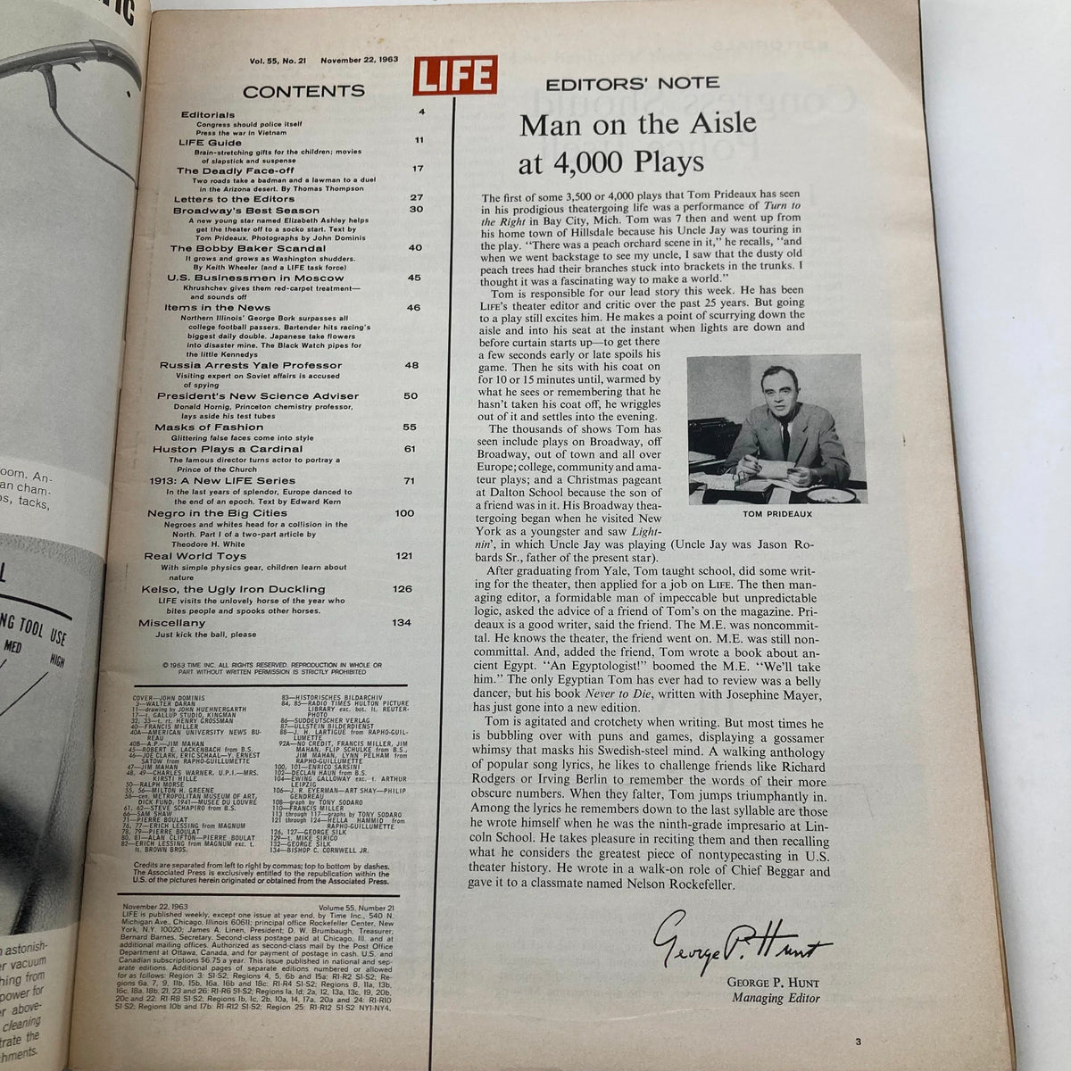 Contents page of Life Magazine November 22 1963 Vol 55 No. 21 detailing articles and features, including editor's note and other significant cultural topics from the 1960s.