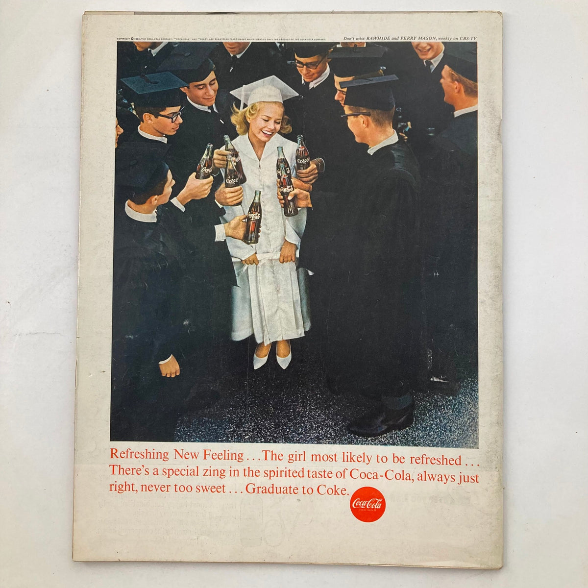 Back cover of VTG Life Magazine May 10 1963 Vol 54 No. 19 depicting a graduation scene with graduates celebrating, advertising Coca-Cola.