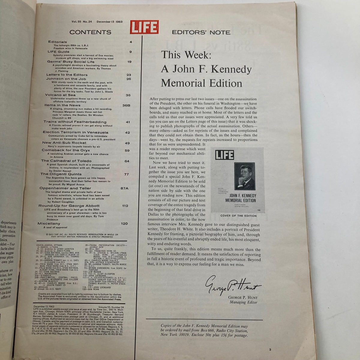 Contents page of the VTG Life Magazine December 13 1963, featuring editorial notes and articles including a John F. Kennedy Memorial Edition.