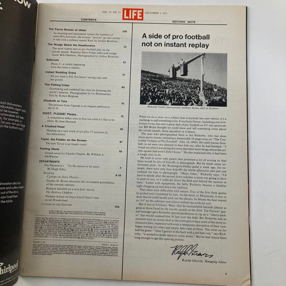 Contents page of VTG Life Magazine December 3, 1971, listing articles and features including a piece on pro football.