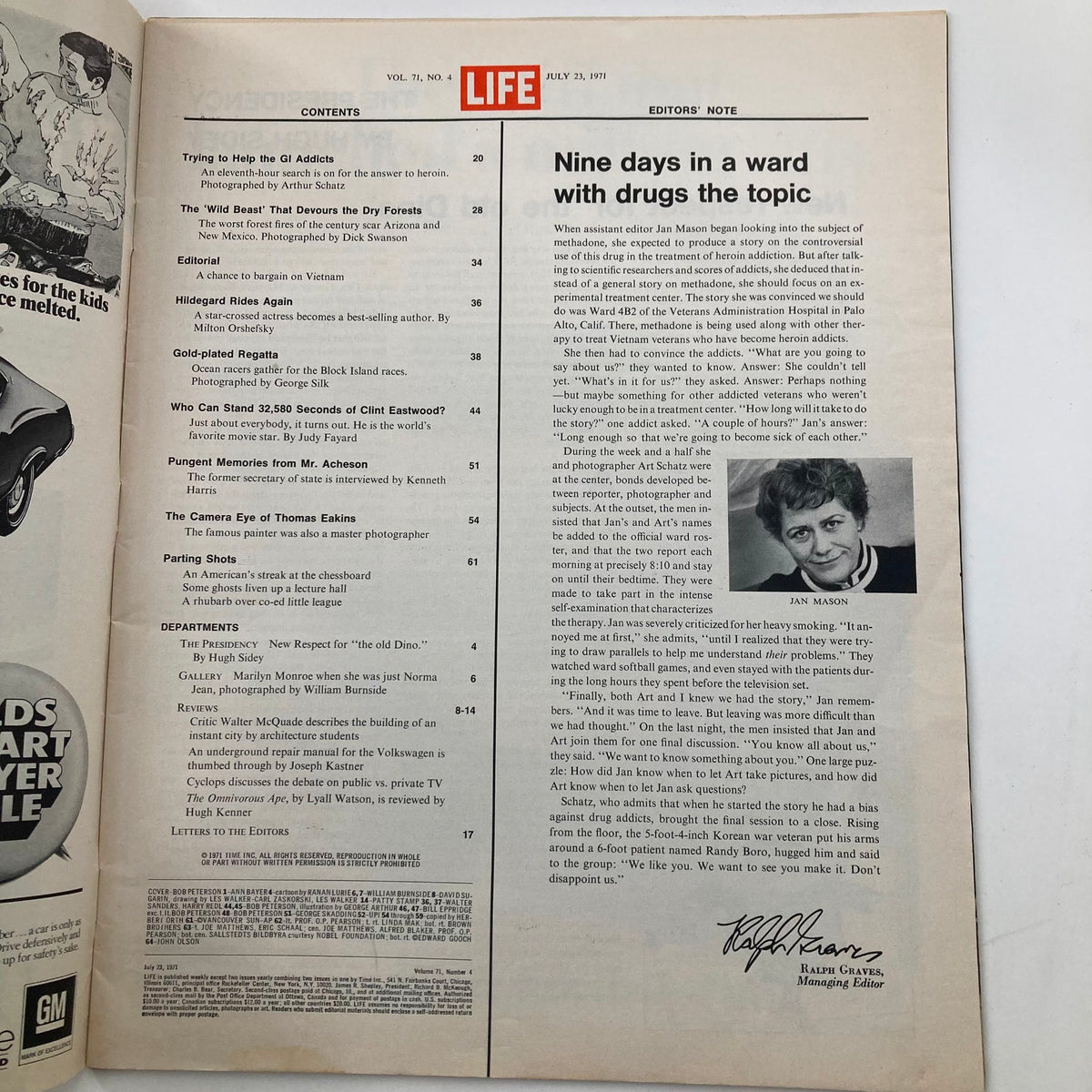 Interior page of VTG Life Magazine July 23 1971 Vol 71 No. 4 showing the table of contents including features on Clint Eastwood and cultural topics of the 1970s.