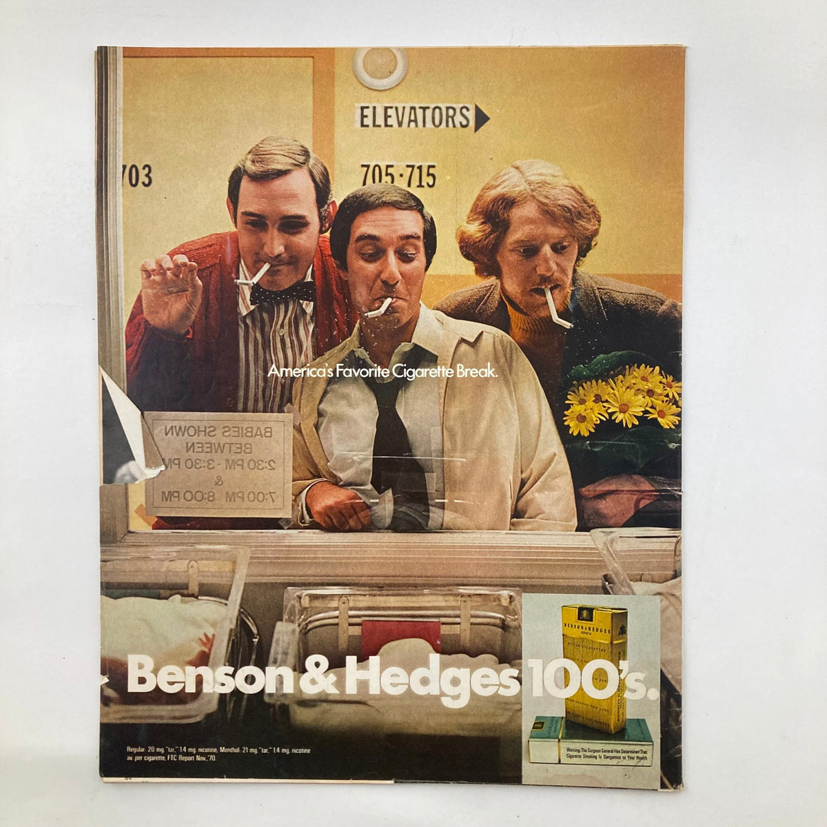 Back cover of VTG Life Magazine July 23 1971 Vol 71 No. 4 featuring an advertisement for Benson & Hedges cigarettes with three individuals in an elevator.