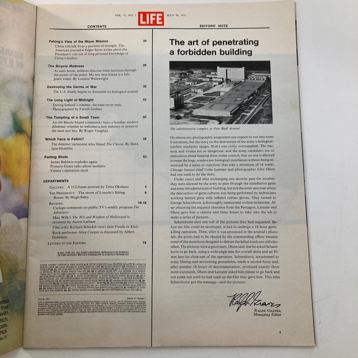 Inside page of VTG Life Magazine July 30 1971 featuring table of contents and topics including 'The art of penetrating a forbidden building' and commentary by James Baldwin.