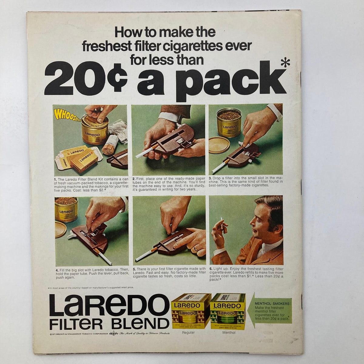 Back cover of VTG Life Magazine July 30 1971 with an advertisement for Laredo Filter Blend showing steps to make fresh filter cigarettes for less than 20 cents a pack.