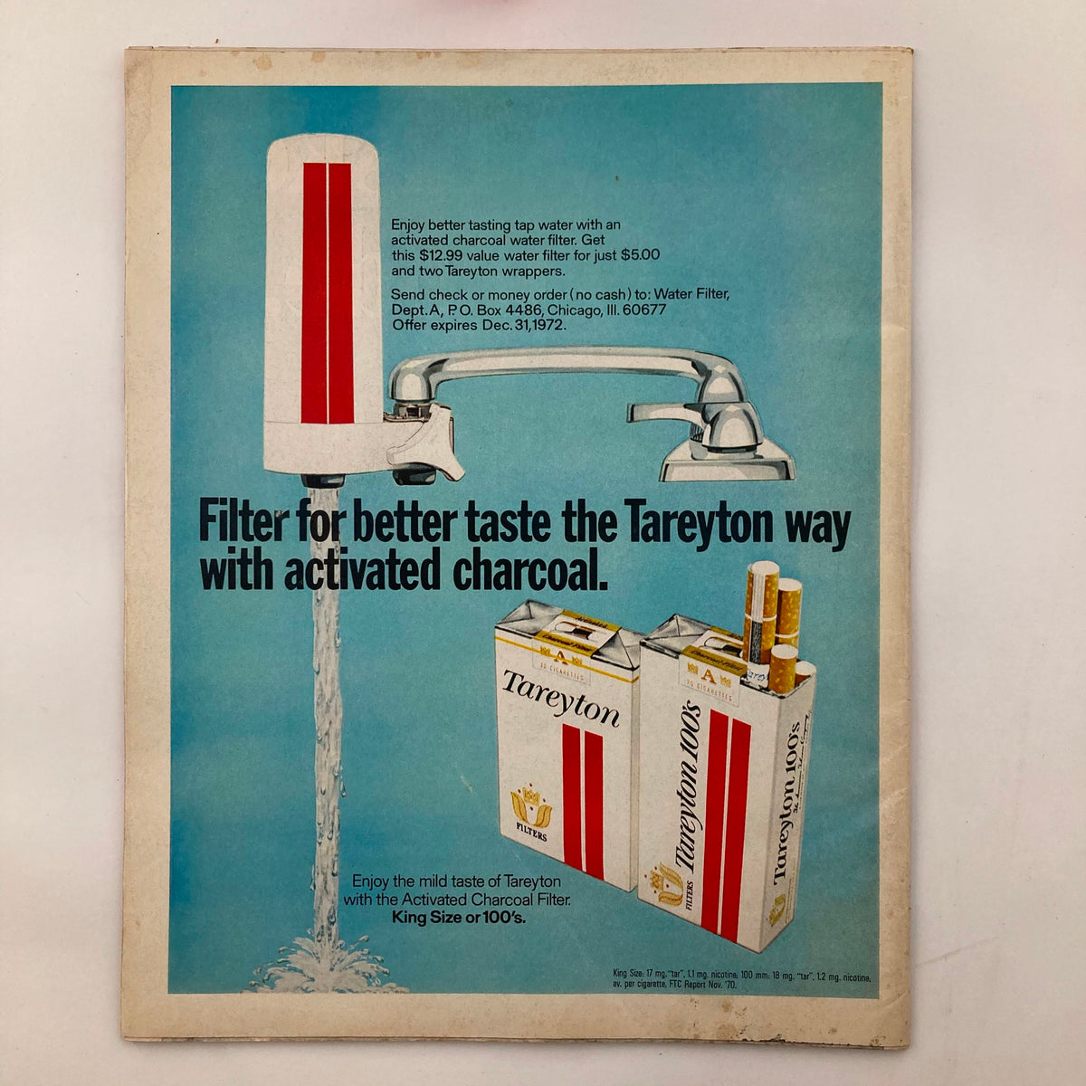 Advertisement page from VTG Life Magazine September 17, 1971, Vol 71 No. 12 promoting a water filter with activated charcoal, illustrating a kitchen faucet and Tareyton cigarettes.