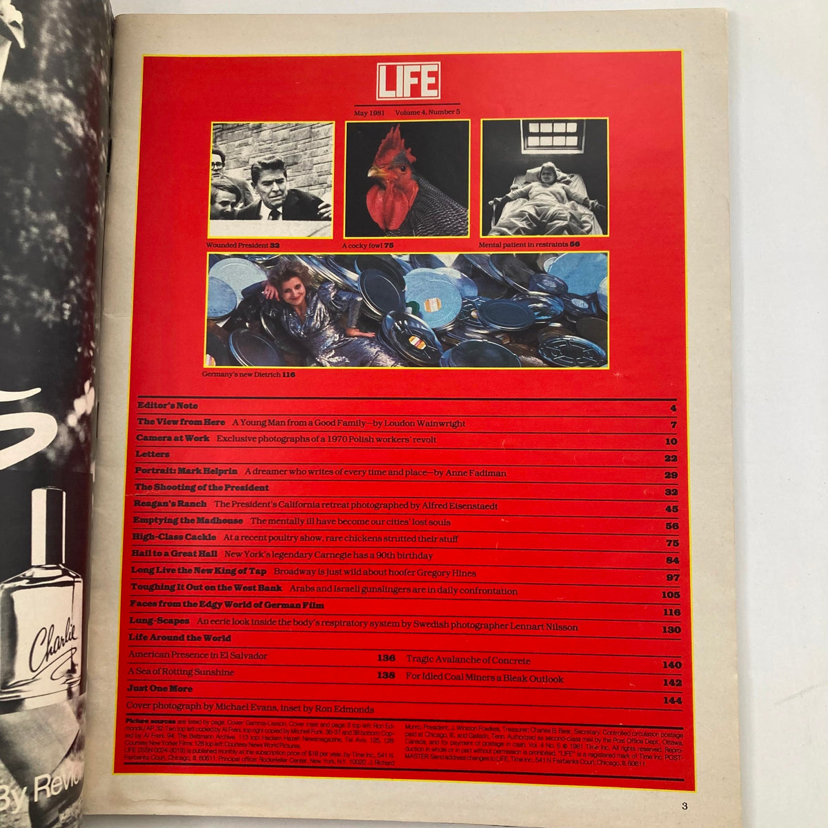 Inside page of Life Magazine May 1981, Volume 4, Number 5, detailing the table of contents and featuring notable articles related to American politics and culture.
