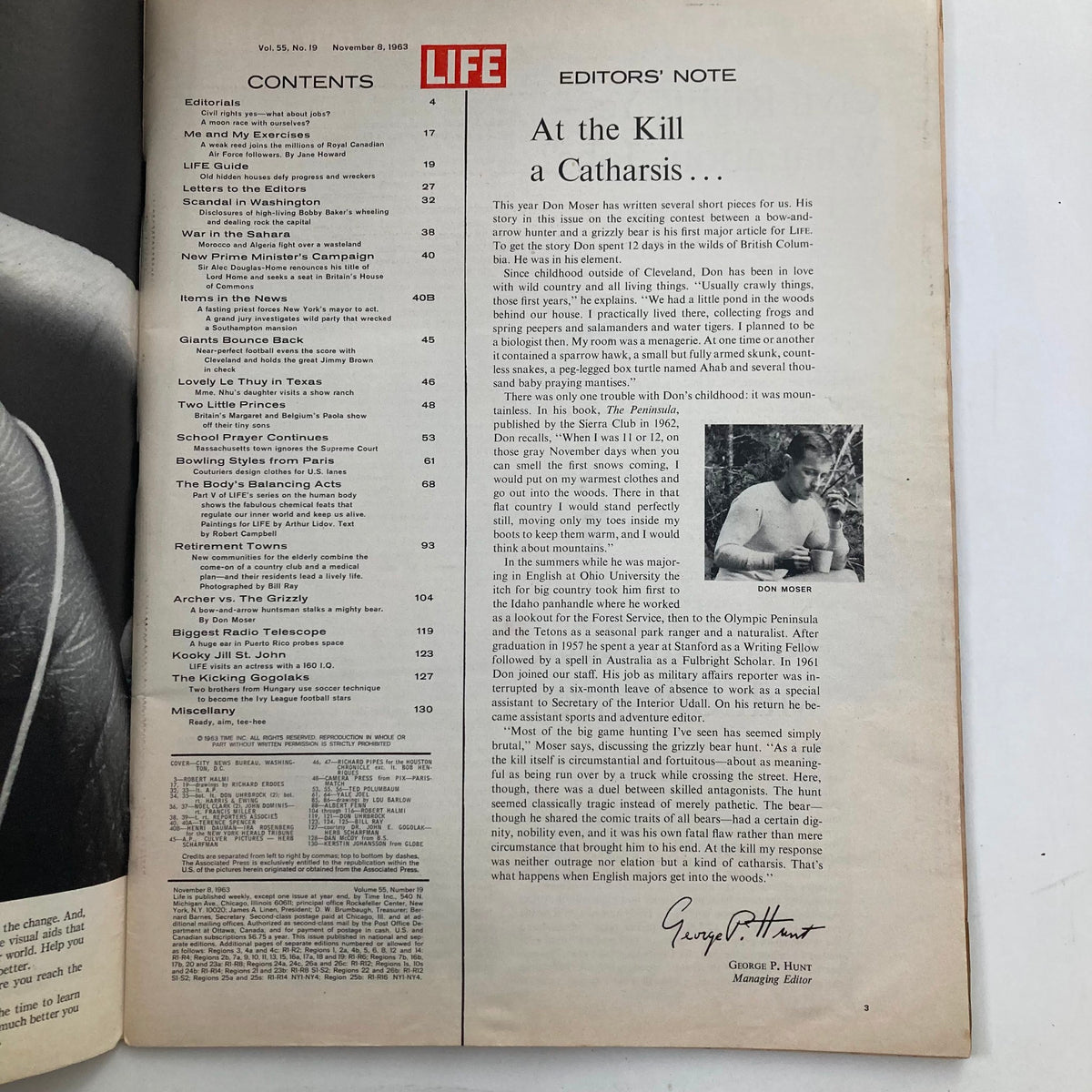 Inside page of Life Magazine November 8, 1963 Vol 55 No. 19 showing the contents including editor's note and headlines, reflecting the magazine's political and cultural analysis.