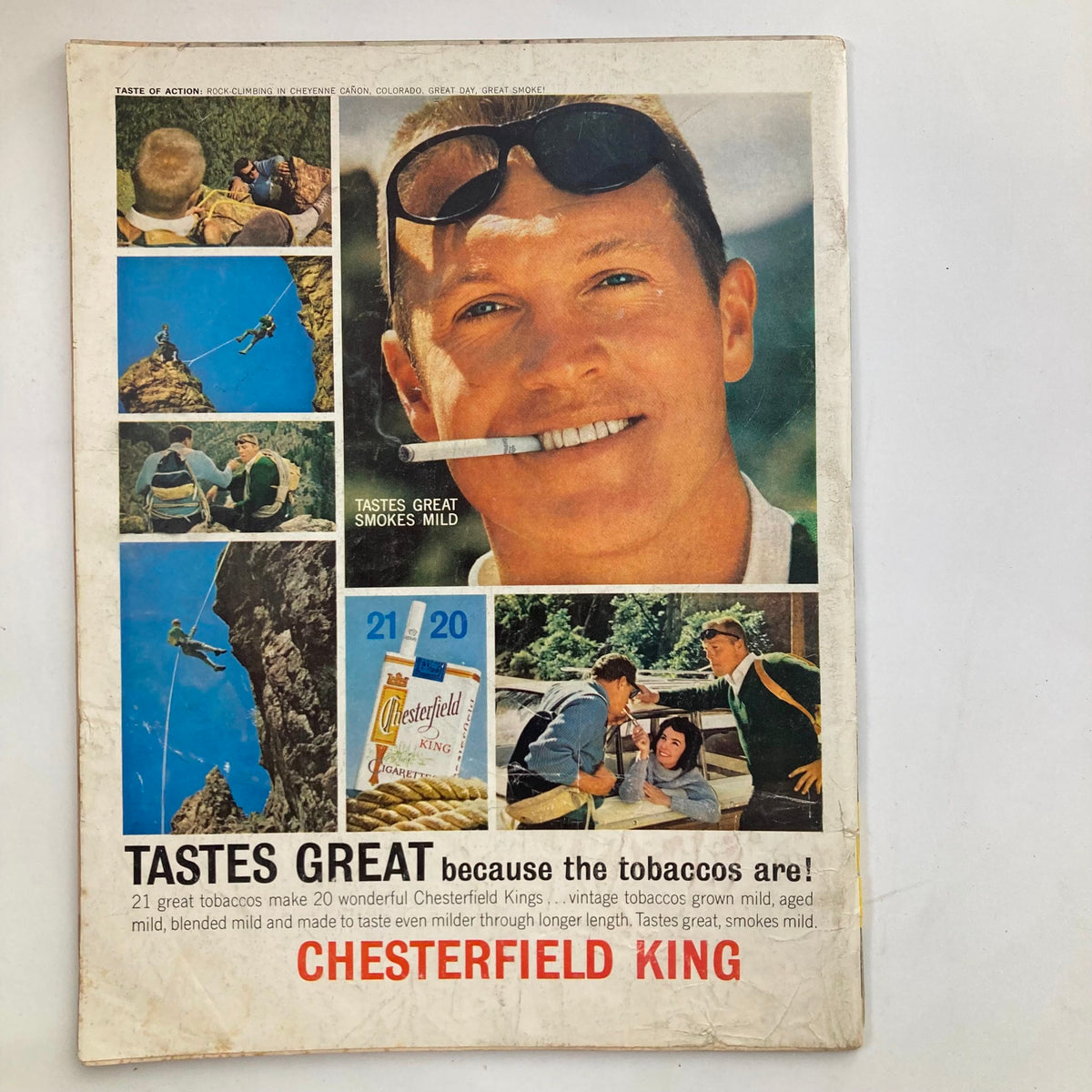 Back cover of Life Magazine November 8, 1963 Vol 55 No. 19 with an advertisement for Chesterfield King cigarettes featuring outdoor action images, highlighting the brand's marketing themes of adventure.