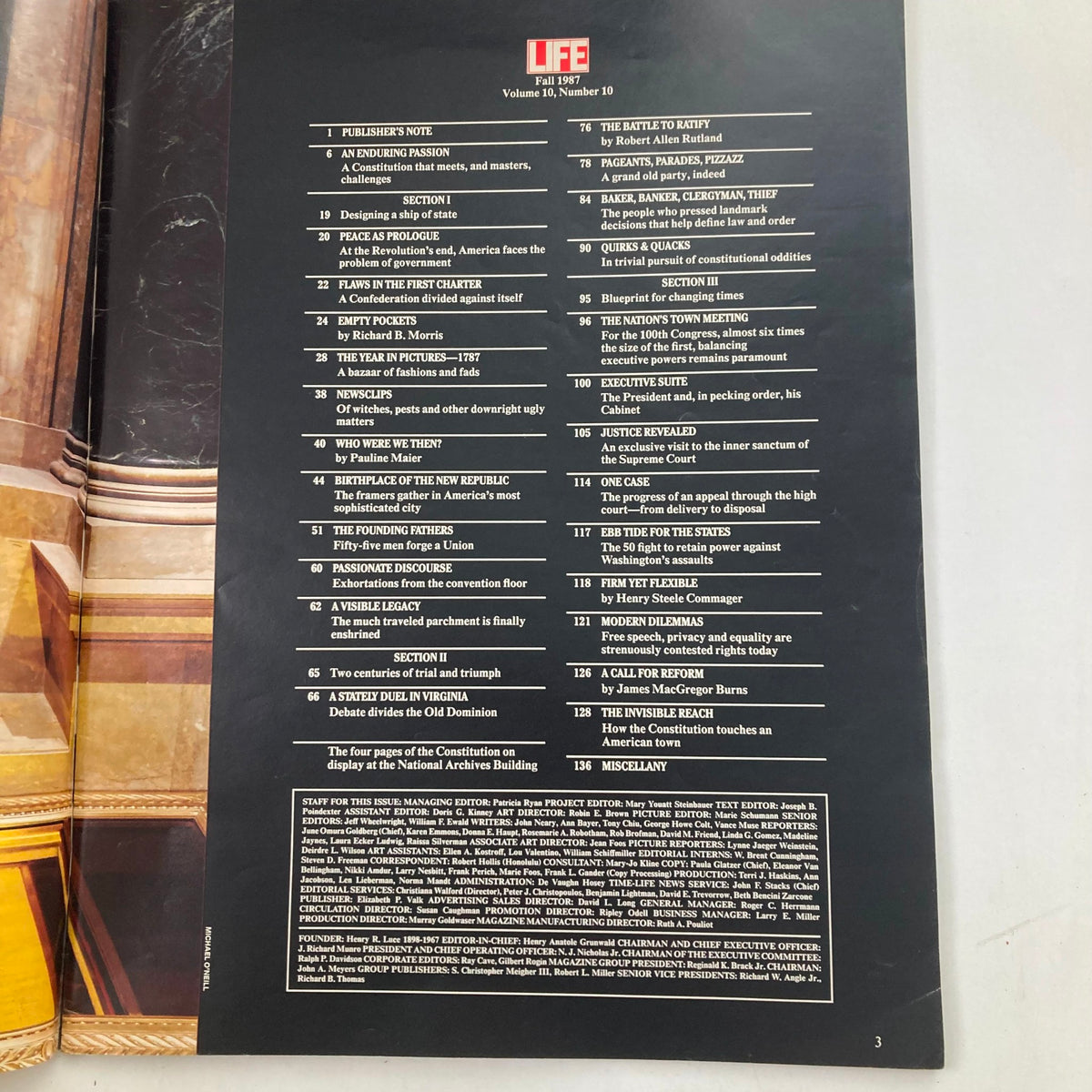VTG Life Magazine Fall 1987 Vol 10 No. 10 The Constitution - Table of contents detailing various articles including 'The Battle to Ratify' and 'The Year in Pictures 1787'.