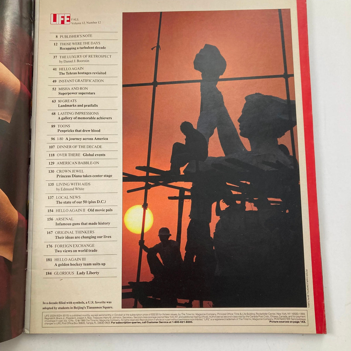 VTG Life Magazine Fall 1989 Vol 12 No. 12 The 80's Those Were The Days inside page showcasing a table of contents with silhouettes against a sunset.