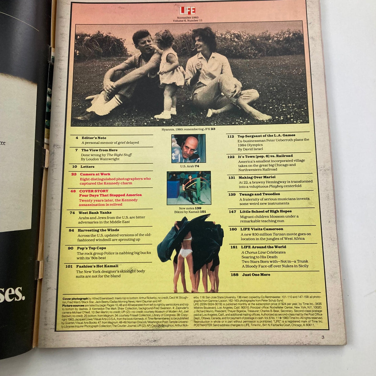 Contents page of VTG Life Magazine November 1983, Volume 6 No. 11, highlighting articles including the cover story on the Kennedy Assassination.