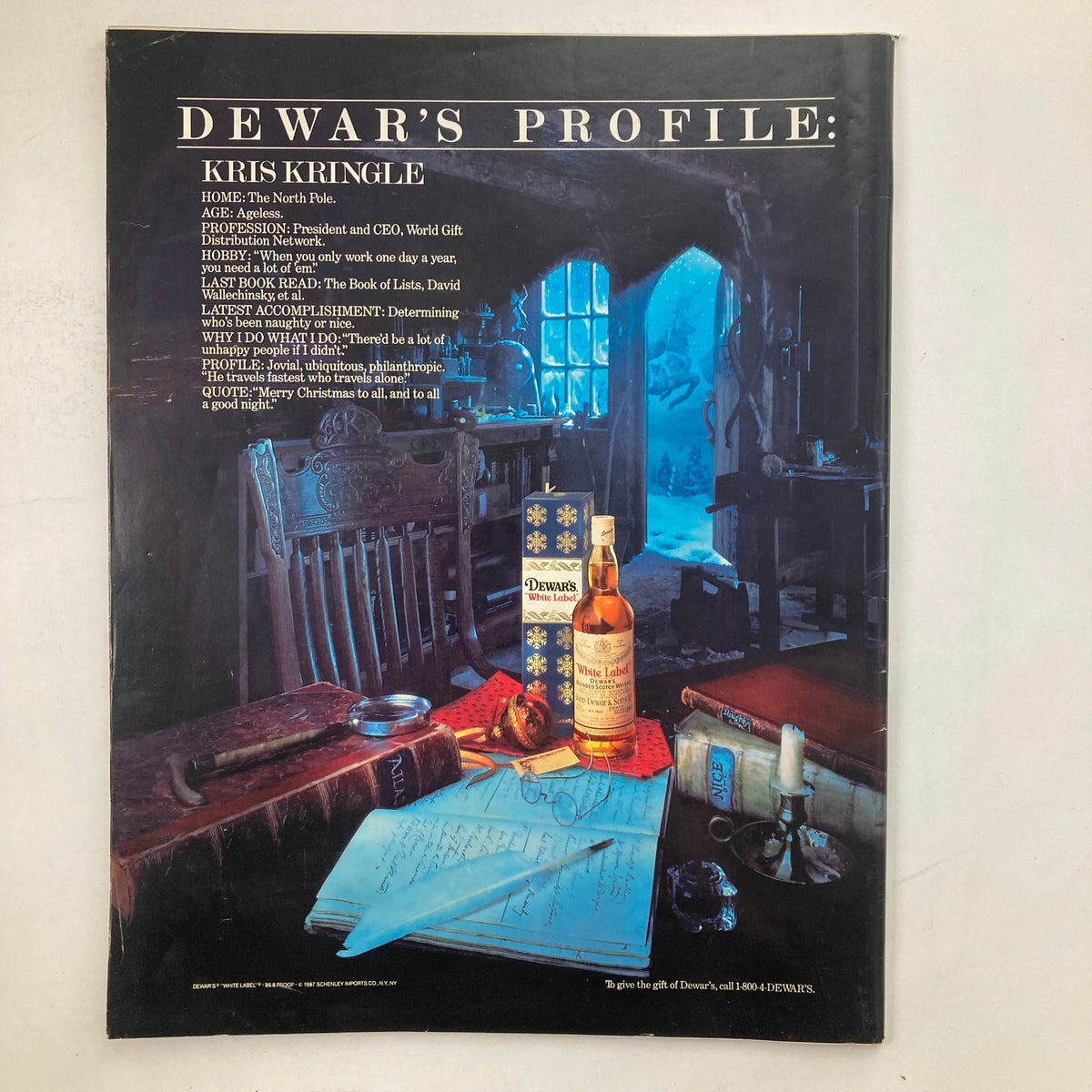 Back cover of VTG Life Magazine December 1987, showcasing an advertisement for Dewar's whisky, complemented by decorative elements indicative of the season.