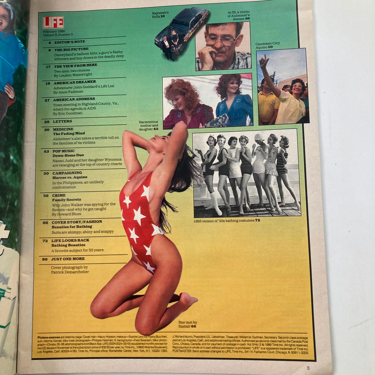 Interior page of VTG Life Magazine February 1986 displaying articles and imagery from the 1980s, with Paulina Porizkova featured in a bathing beauty section.