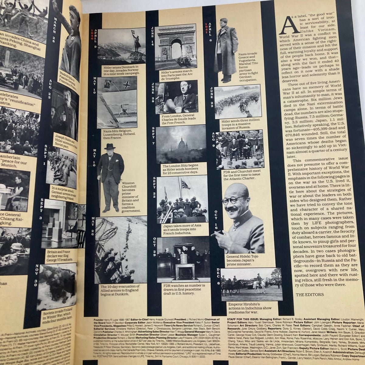 Inside page of VTG Life Magazine Spring-Summer 1985, Vol 8 No. 6, detailing significant historical events of World War II, illustrated with photographs.