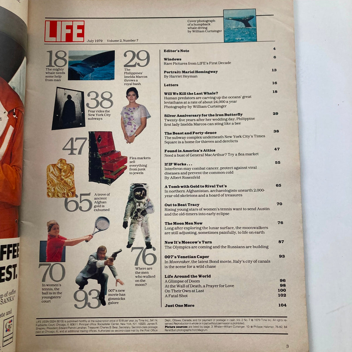 Table of contents page from the VTG Life Magazine July 1979 Volume 2 Number 7, detailing various articles and features including a cover story on whales.
