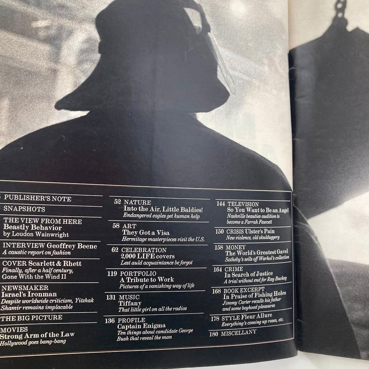 Inside spread of the VTG Life Magazine May 1988 showing the publisher's note and content overview, celebrating the 2000th issue with features including a tribute to Scarlett and Rhett.