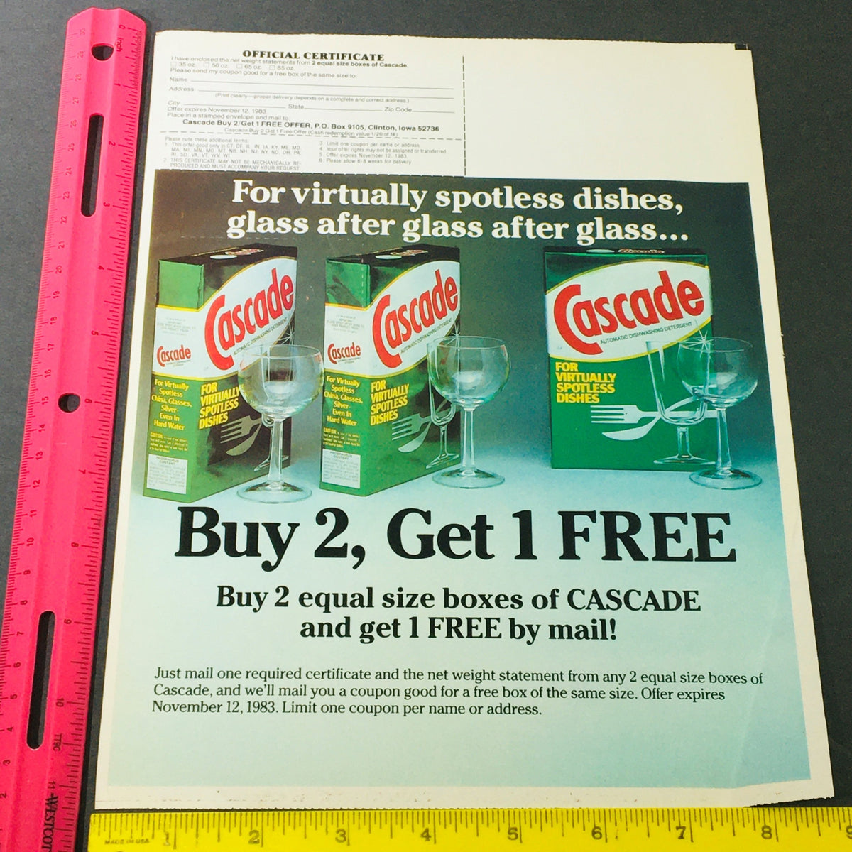 Vintage Retro 1983 Cascade Automatic Dishwashing Detergent Buy 2 + 1 FREE Ad Coupon