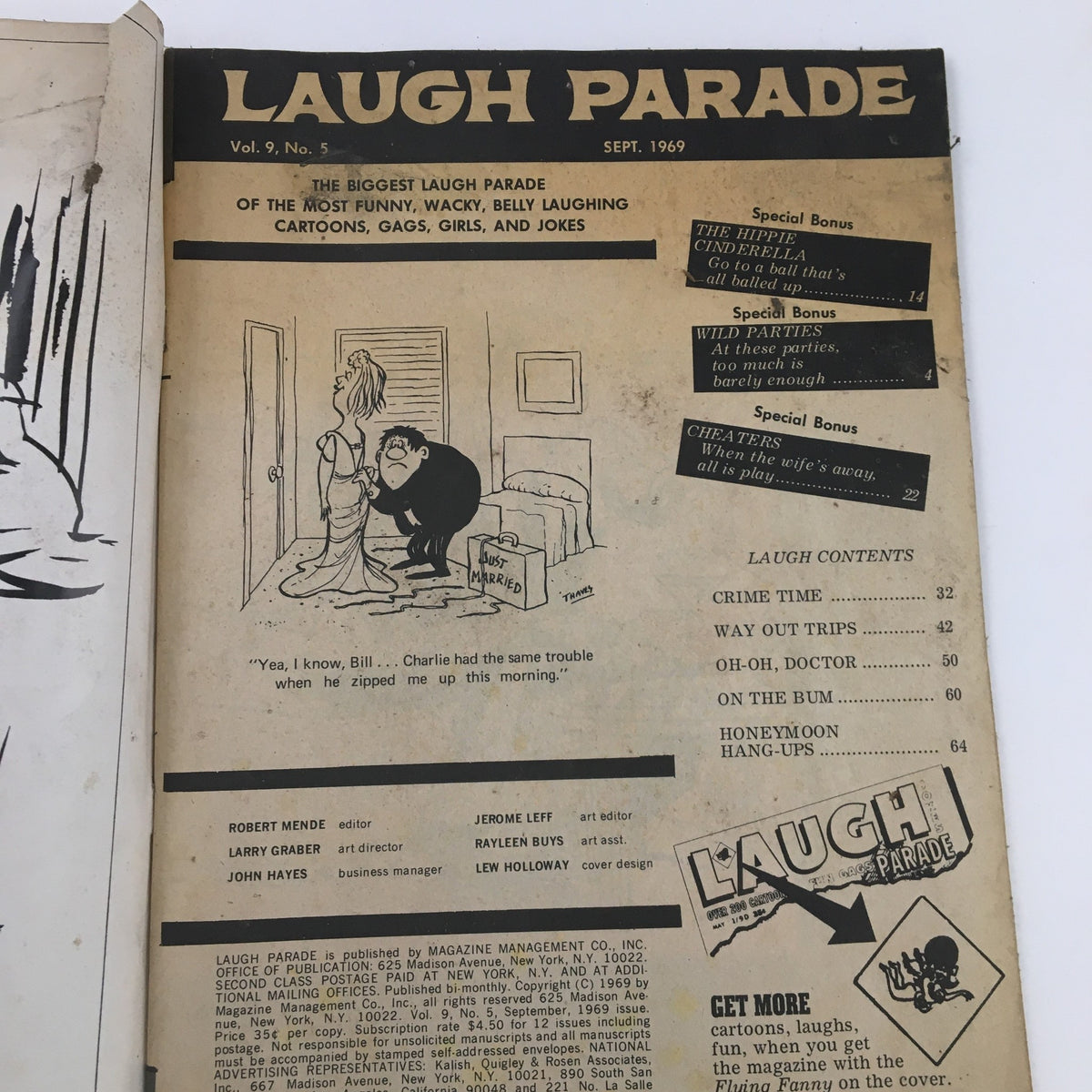 Laugh Parade Magazine September 1969 cover featuring humorous illustrations and article titles such as 'The Hippie Cinderella Special' and 'Wild Parties'.