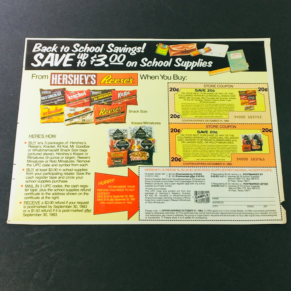 Back to School Savings coupon from Hershey's featured in a vintage VTG Retro 1983 advertisement, offering savings on school supplies with detailed instructions.