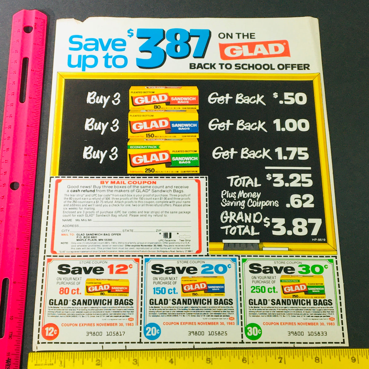VTG Retro 1983 Glad Back to School Money-Back Offer Sandwich Bags Advertisement Coupon featuring colorful promotional offers, including buy 3 for savings and cash rewards. The ad showcases nostalgic designs and includes coupons for Glad sandwich bags with expiration dates from 1983, reflecting vintage marketing strategies.
