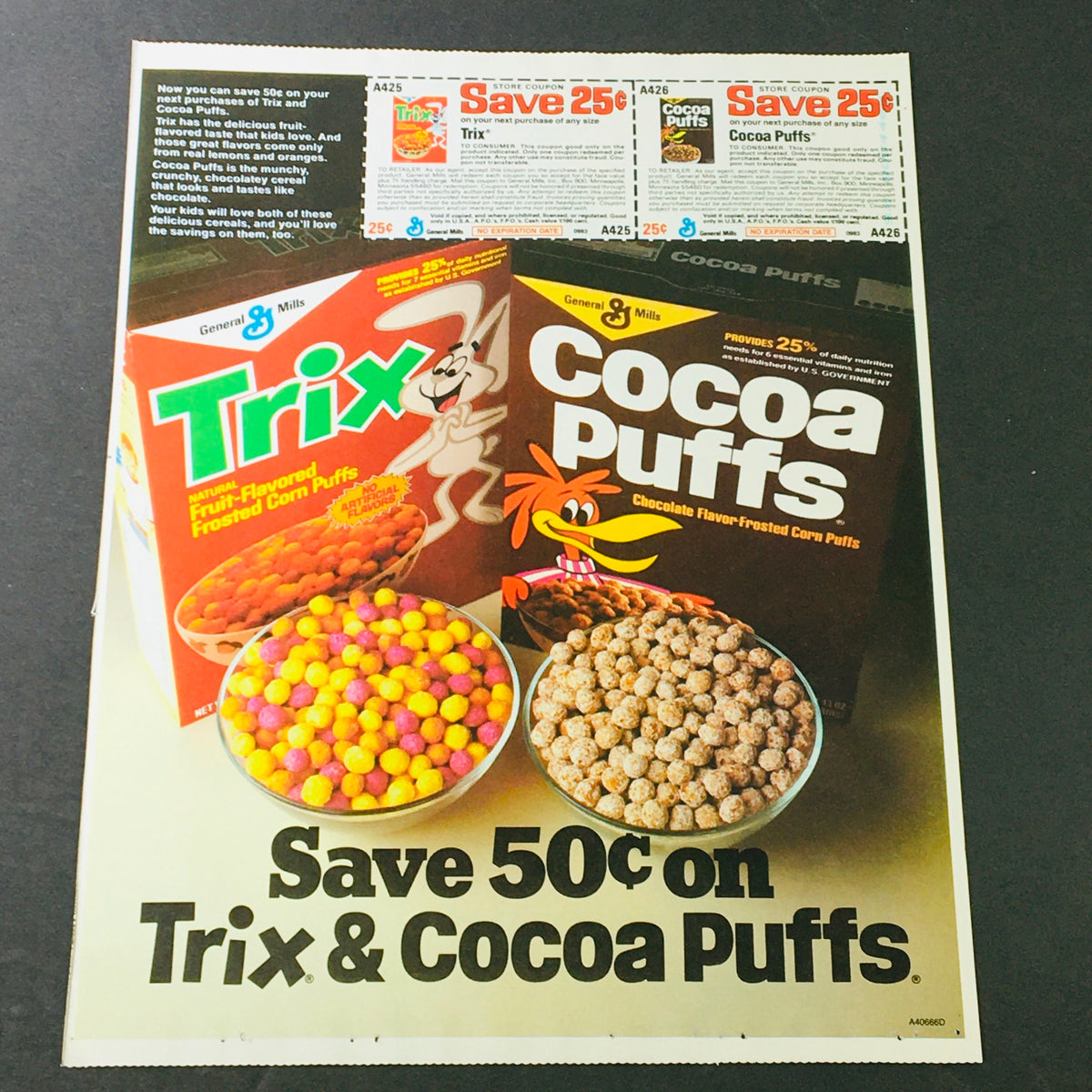 VTG Retro 1983 Trix Frosted Corn Puffs & Cocoa Puffs Chocolate Flavor Ad Coupon featuring colorful cereal bowls and iconic mascot characters, showcasing a nostalgic advertising design in a vintage magazine style.