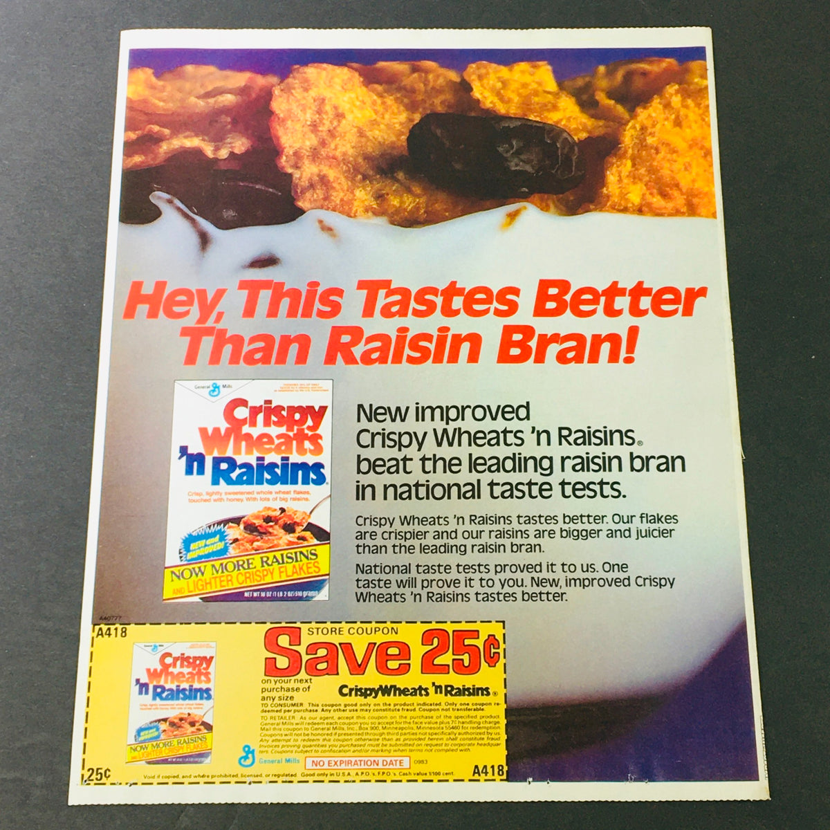 VTG Retro 1983 advertisement for Crispy Wheats 'n Raisins featuring a store coupon, highlighting the cereal's crispy flakes and juicy raisins with bold text asserting its superiority over traditional raisin bran.
