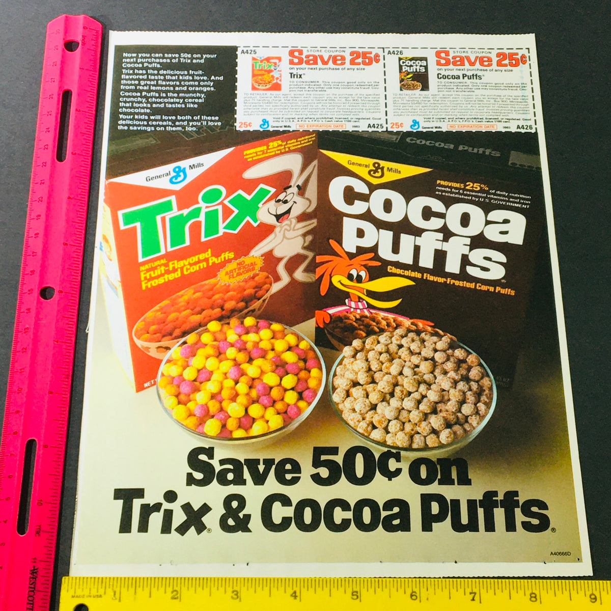 VTG Retro 1983 Trix Frosted Corn Puffs & Cocoa Puffs Chocolate Flavor Ad Coupon featuring Trix and Cocoa Puffs cereals, bowls of colorful cereal, and a promotional discount offering savings on both. Ideal for vintage ad collectors.