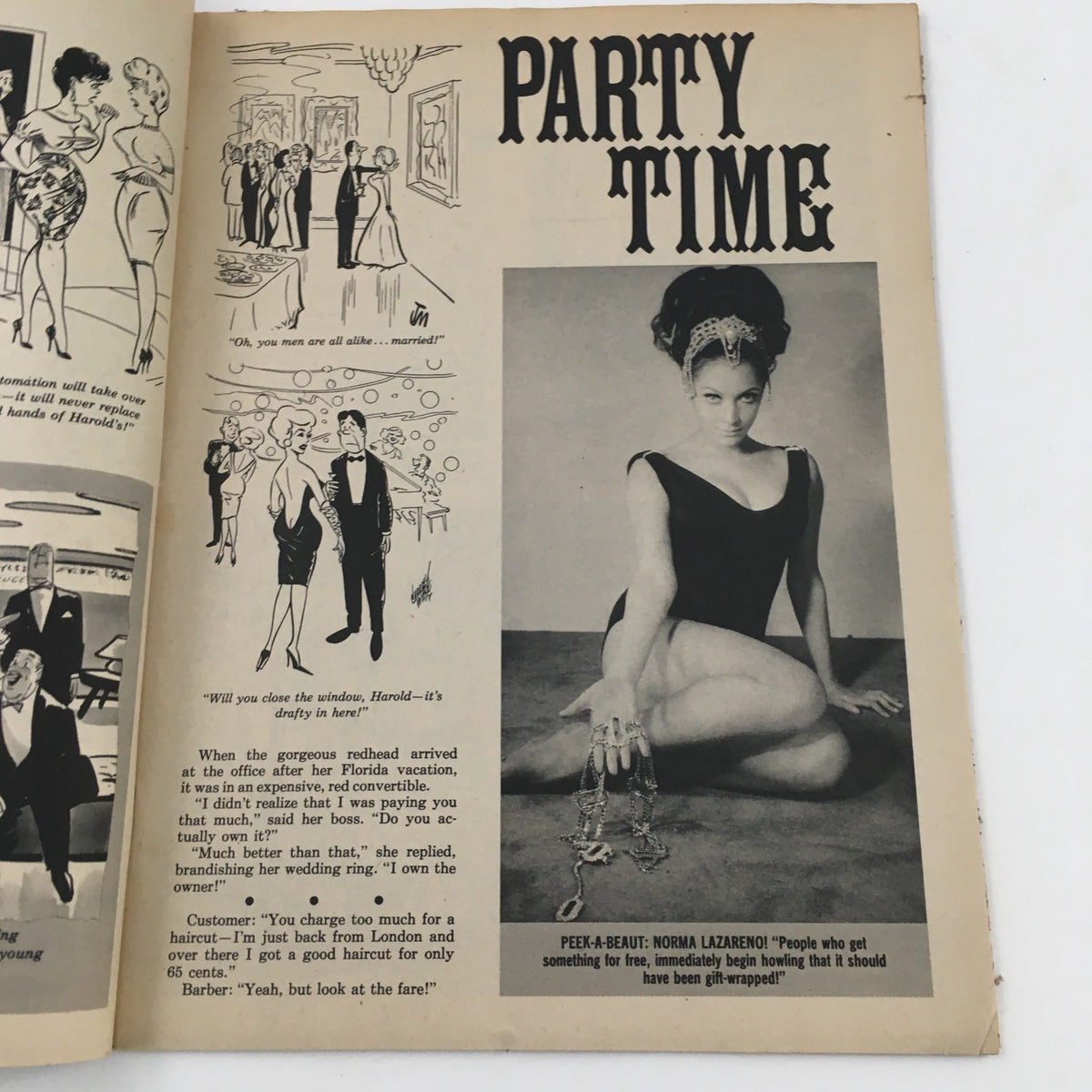 Vintage magazine page featuring 'Party Time' with stylish illustrations from the Joker Laugh Magazine Eye Doll Lita Tracey in Business is a Pleasure No Label.