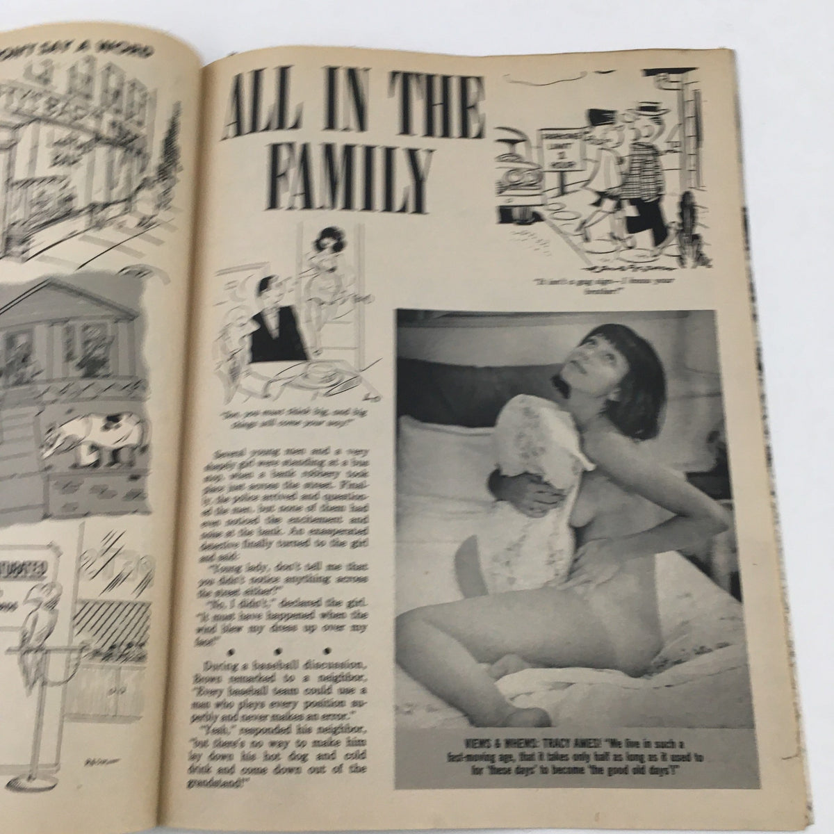 Vintage magazine page named 'All in the Family' displaying humorous art and articles from Joker Laugh Magazine Eye Doll Lita Tracey in Business is a Pleasure No Label.
