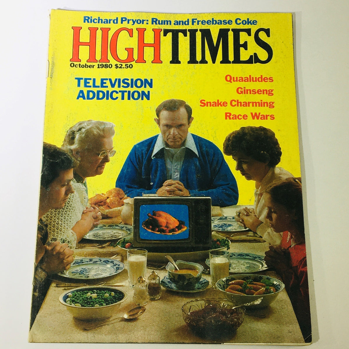 Cover of High Times Magazine, October 1980, featuring Richard Pryor's story about Rum and Freebase Coke. The magazine showcases a family gathered around a table with a television displaying a turkey, highlighting themes of television addiction and cultural commentary.